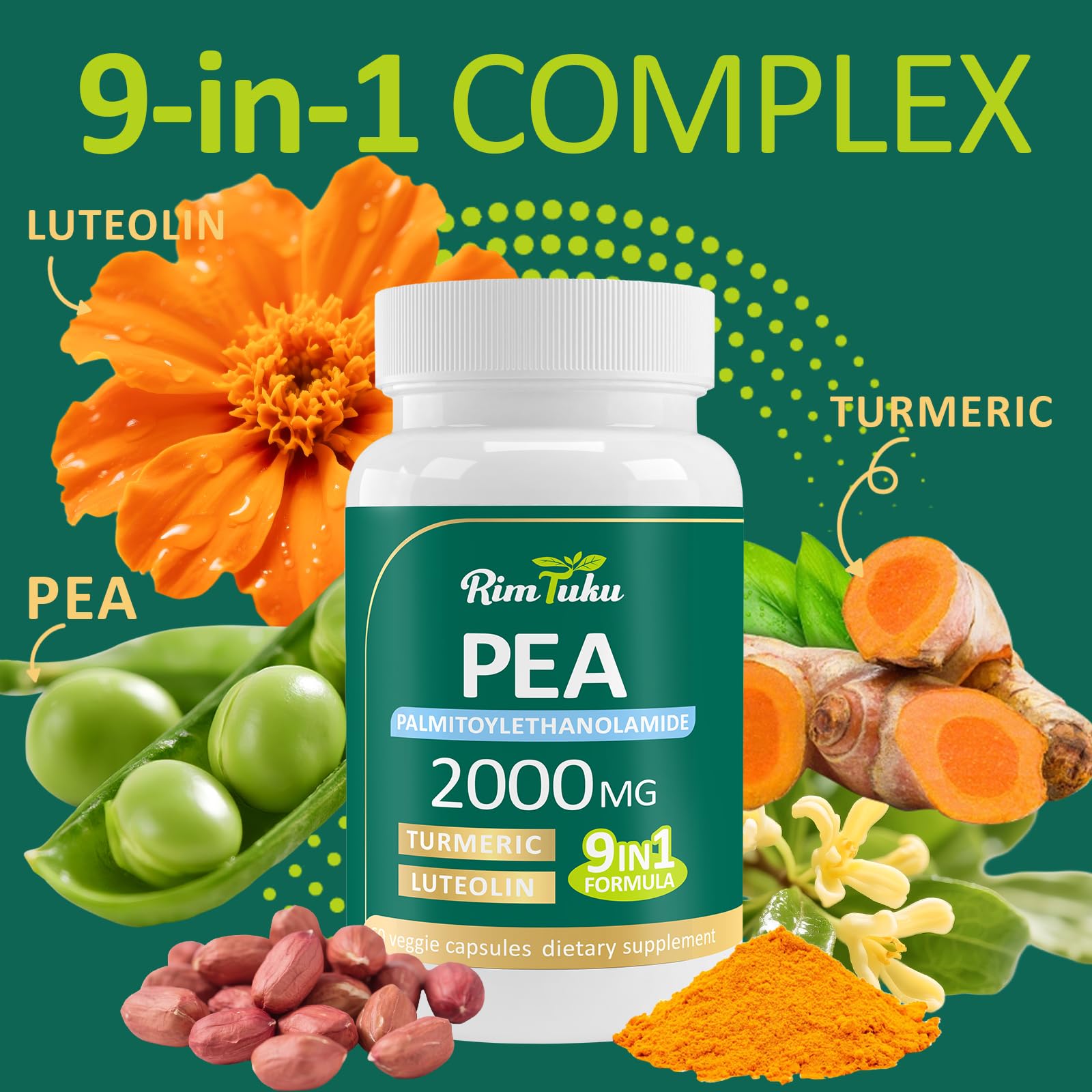 Liposomal Palmitoylethanolamide 2000MG + Luteolin 200MG + Turmeric 200MG & Fisetin 100MG, Micronized Pea 99% Highly Purified Enhanced Absorption Pea Supplement, 120 Capsules