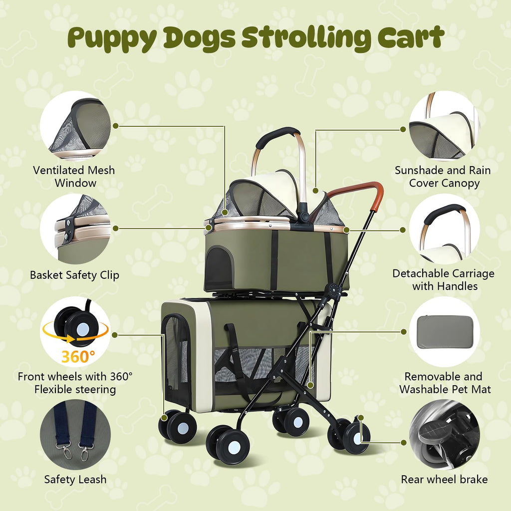 Beuway Double Pet Stroller for Dogs and Cats, One-Step Folding Dog Stroller Travel Carriage for Small Medium Dogs Cats, 2 Detachable Carrier Bags, 4 Lockable Wheels (Army Green)