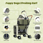 Beuway Double Pet Stroller for Dogs and Cats, One-Step Folding Dog Stroller Travel Carriage for Small Medium Dogs Cats, 2 Detachable Carrier Bags, 4 Lockable Wheels (Army Green)