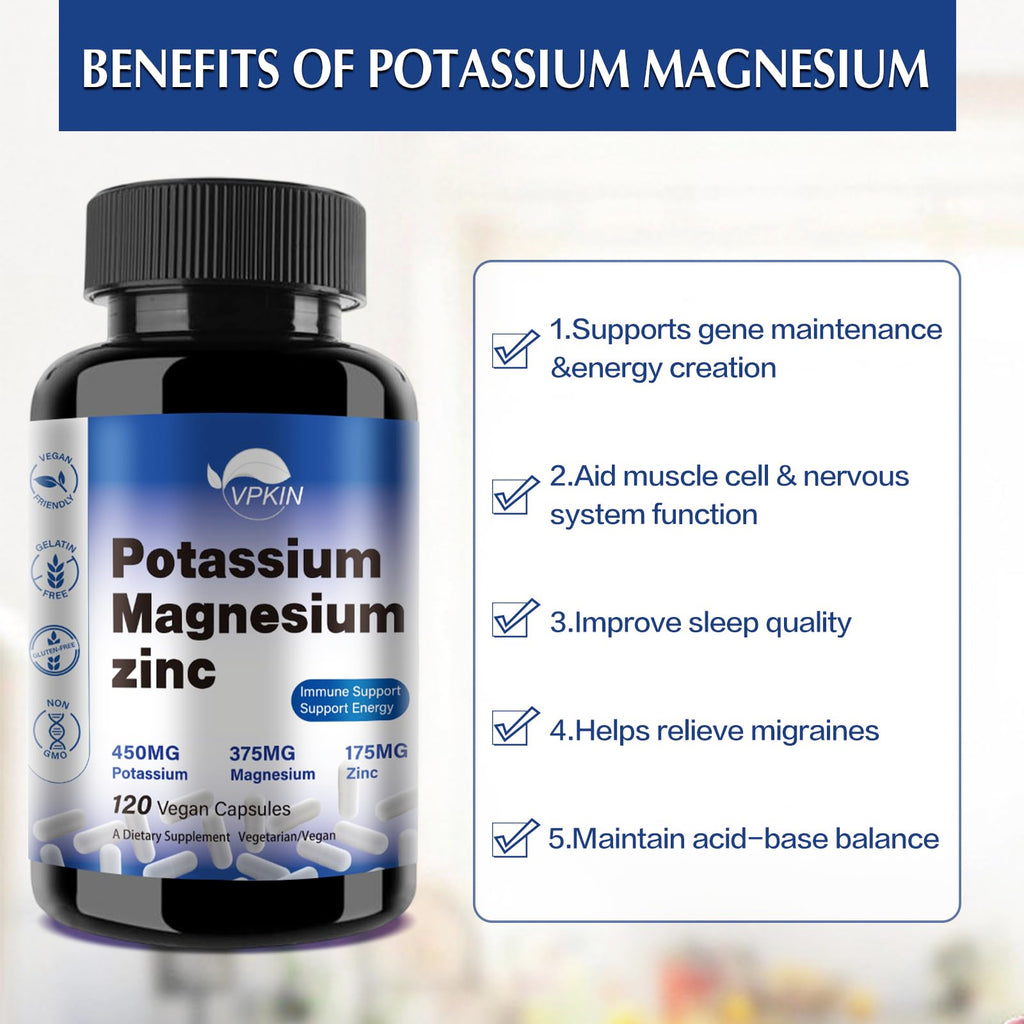 Potassium Magnesium Supplement 1000mg, Magnesium Potassium Zinc Aspartate Support Vascular, Bone, Heart, Muscle & Nerve Health, Non-GMO, Vegan, (120 Capsules)