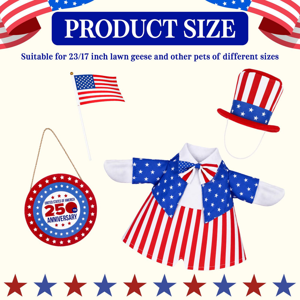 Xroyniu Patriotic Porch Goose Outfits 4th of July Goose Outfit Independence Day Lawn Porch Goose Clothes Fits 23" Cement Plastic Goose Statue for Outdoor Garden Yard Patio USA 250th Anniversary Decor