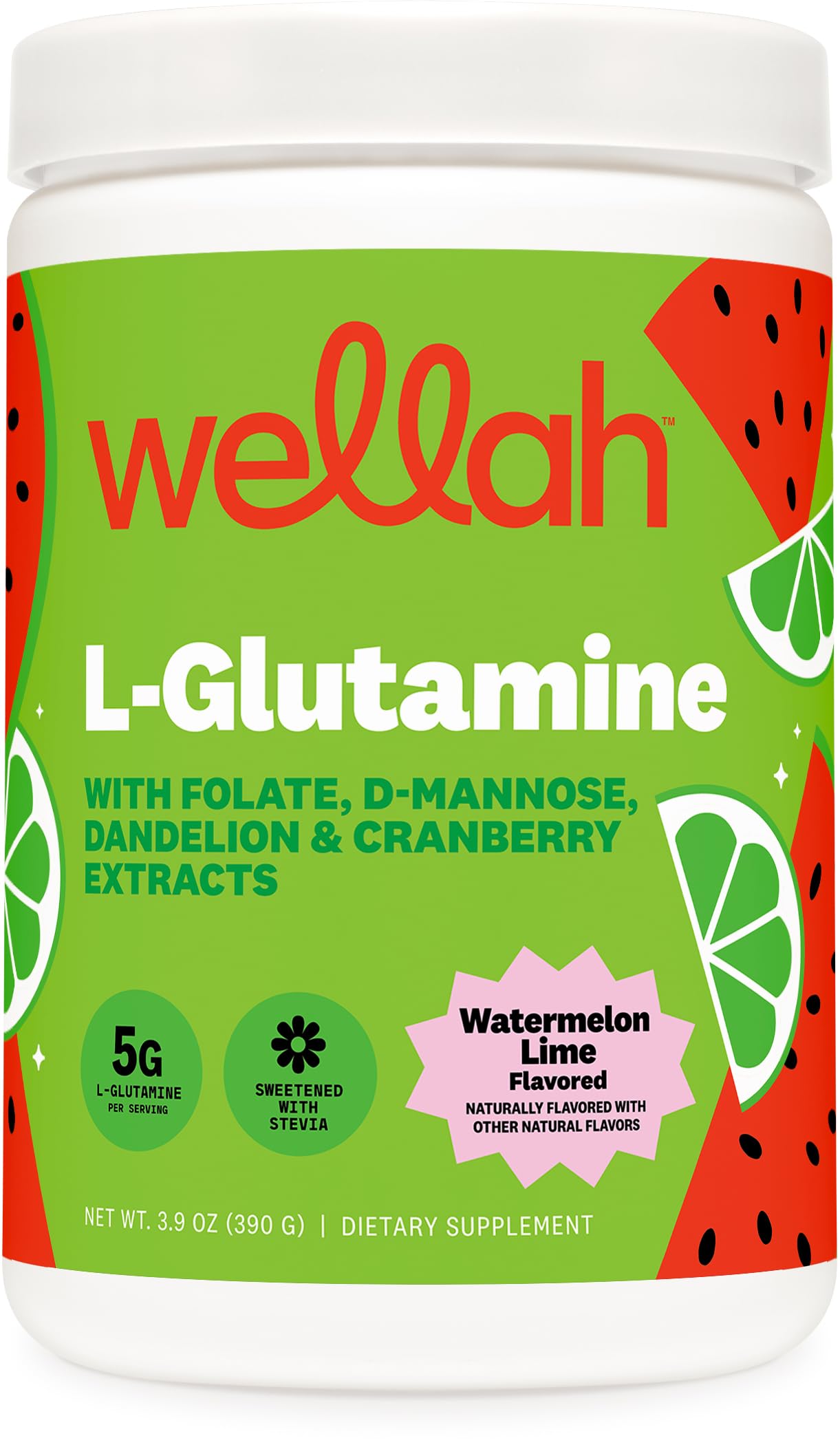 Wellah L-Glutamine Powder Watermelon Lime (50 Servings) - 5g L-Glutamine Per Serving, Sweetened with Stevia