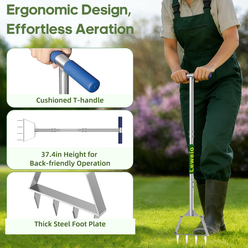 Leweio Manual Lawn Aerator Spike Tool, Semi-Assembled, Non-Clogging Spike Aerator with 4 Steel Spikes, Ergonomic Handle & Reinforced Welding for Yard Grass Aeration - Green