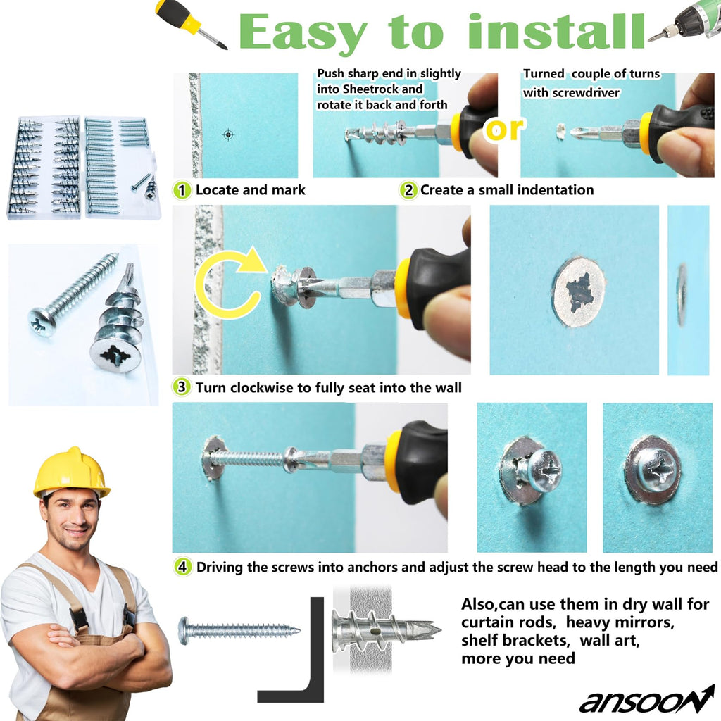 Ansoon 50Pcs Metal Self Drilling Drywall Anchors Heavy Duty with Screws Kit
