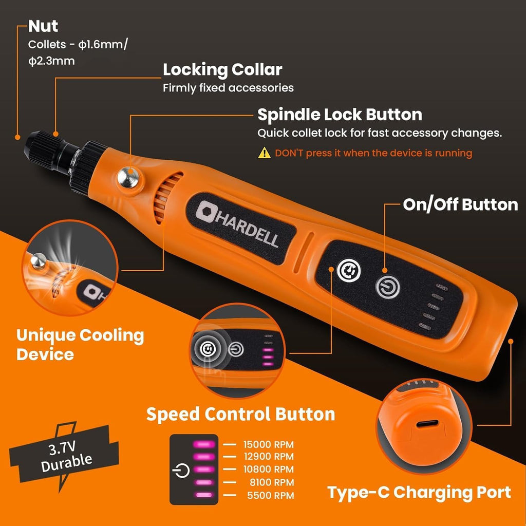 HARDELL Mini Cordless Rotary Tool 4V, 5-Speed Rotary Tool Kit with 42 Accessories, Rechargeable Power Rotary Tool for Engraving, Sanding, Polishing, Drilling, Grinding, Small DIY Crafts