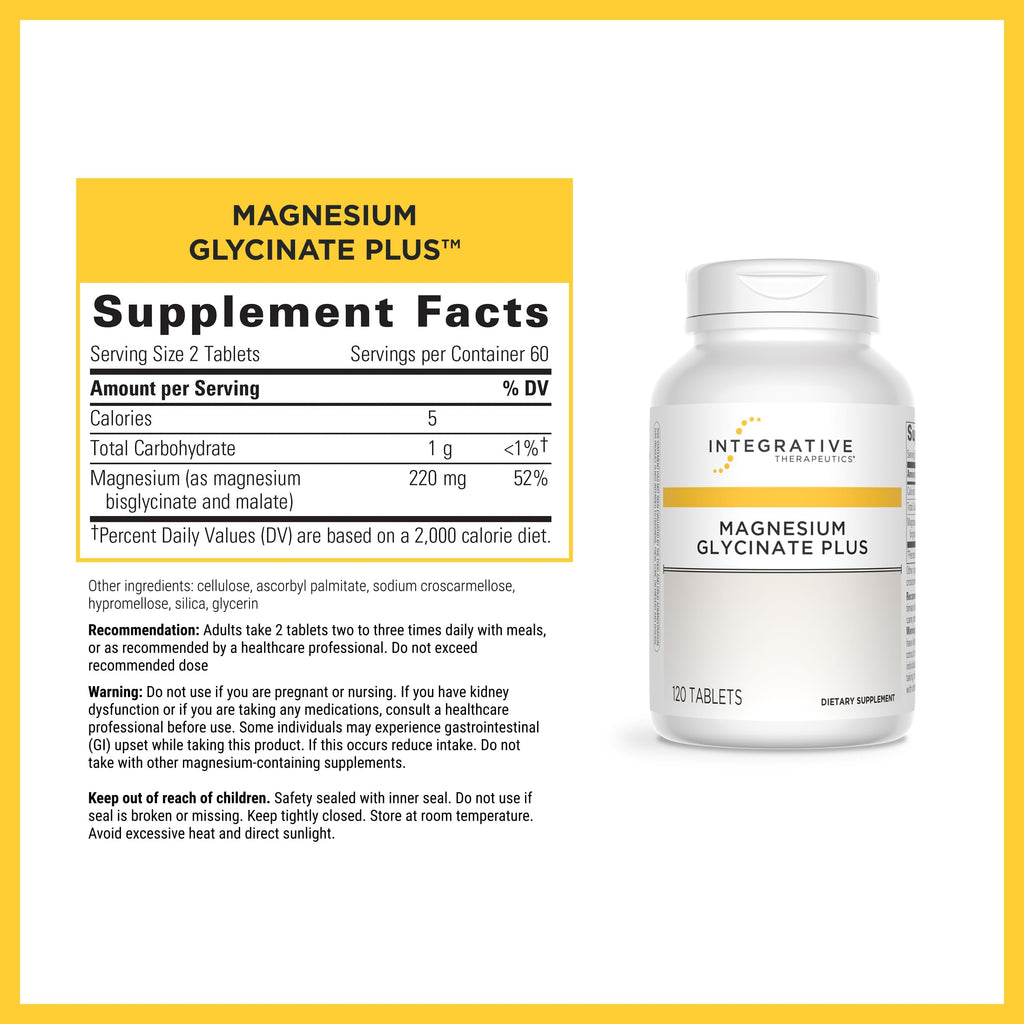Integrative Therapeutics Magnesium Glycinate Plus - Brain Function Support Supplement for Adults* - Supports Heart and Muscular Function* - Dairy-Free & Gluten-Free - 120 Count (60 Servings)