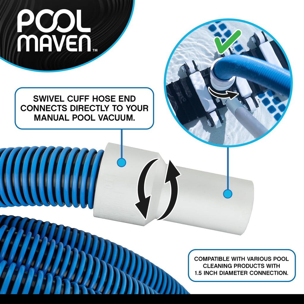 POOLMAVEN Heavy-Duty Manual Pool Vacuum Hose, 50 Ft x 1-1/2”, Kink-Free Swivel Cuff, Professional Grade Spiral-Wound Design, UV & Chemical Resistant for Inground & Above Ground Pools, Made in USA