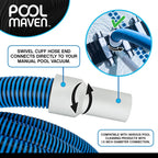 POOLMAVEN Heavy-Duty Manual Pool Vacuum Hose, 50 Ft x 1-1/2”, Kink-Free Swivel Cuff, Professional Grade Spiral-Wound Design, UV & Chemical Resistant for Inground & Above Ground Pools, Made in USA
