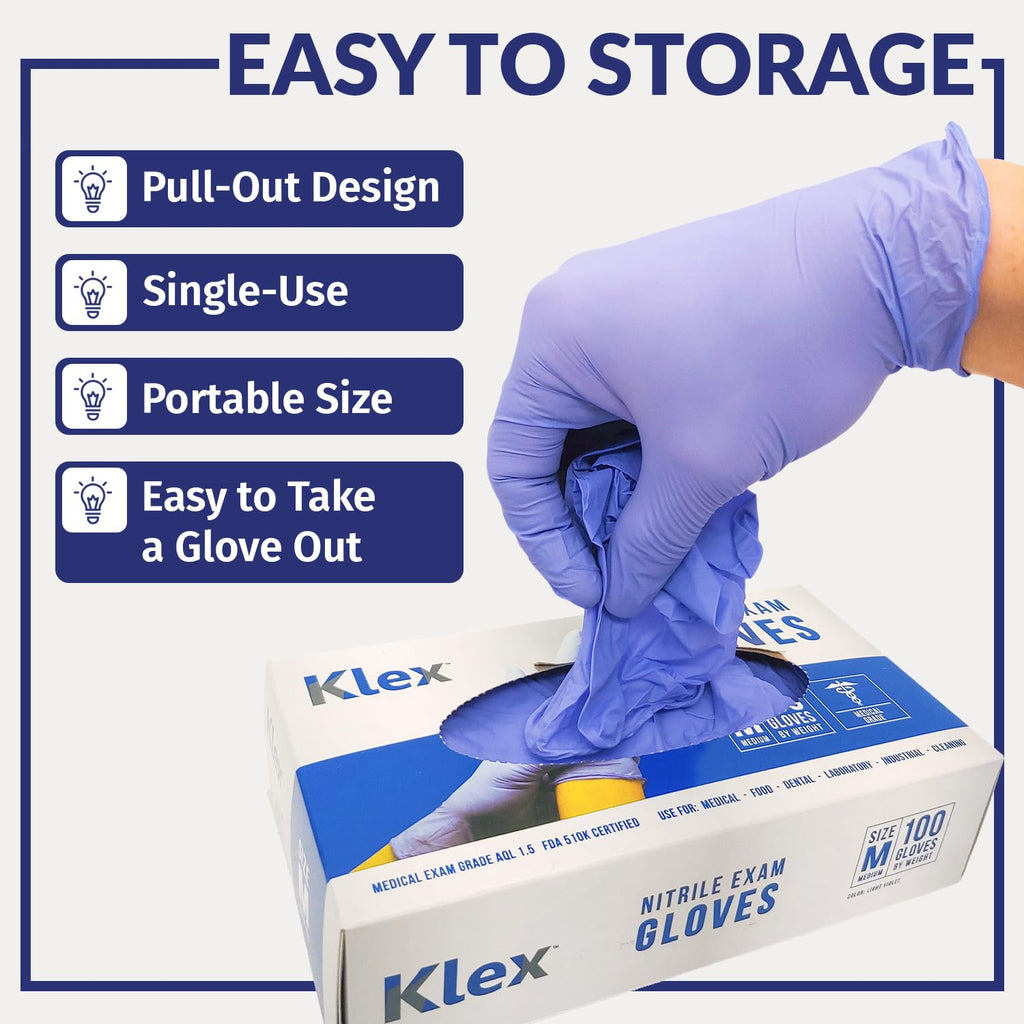 Klex Nitrile Exam Gloves - Medical Grade, Powder Free, Rubber Latex Free, Disposable Examination Grade Glove, Strong Food Safe, Lavender L Large, Box of 100