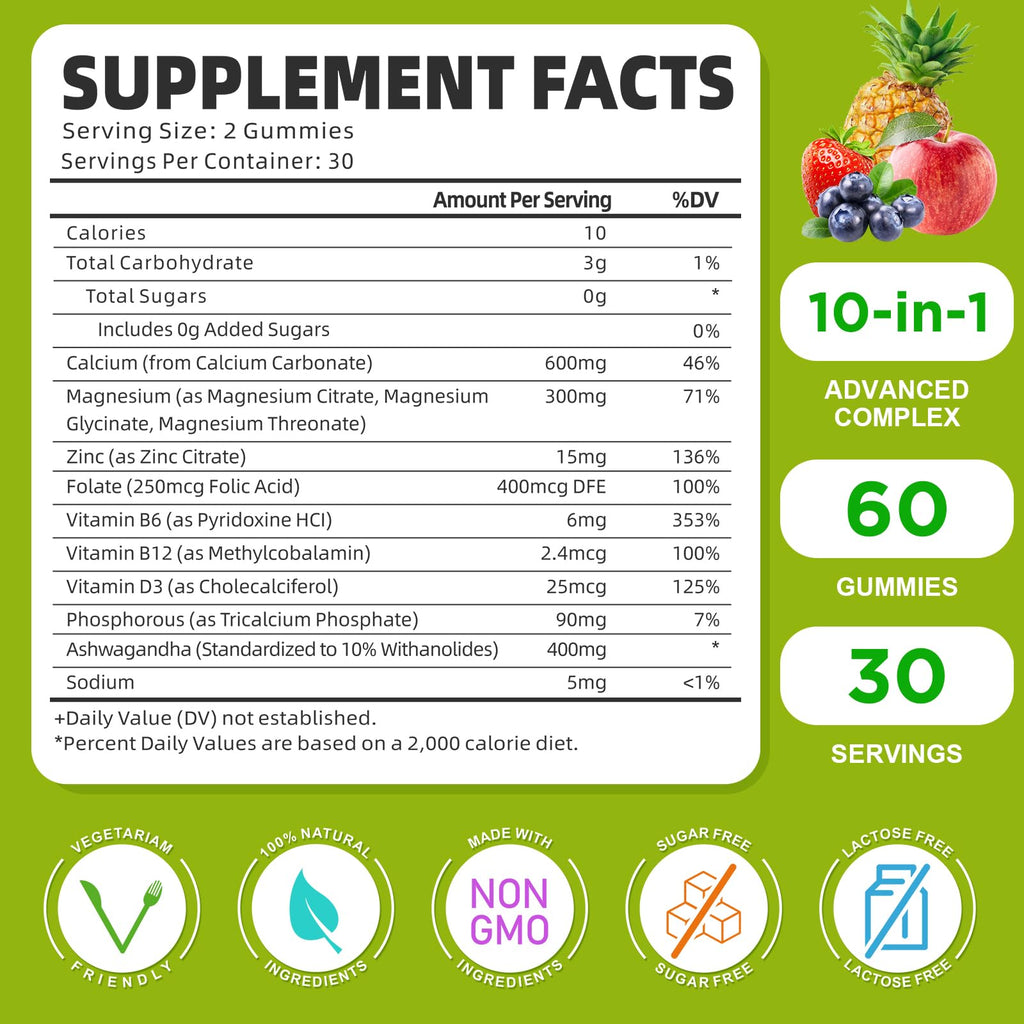 Calcium Magnesium Zinc Supplement with Vitamin D3, Sugar Free Calcium Gummies for Women Men, High Potency Magnesium Gummies for Bone & Muscle & Immune Health, Mixed Flavors - 120 Count