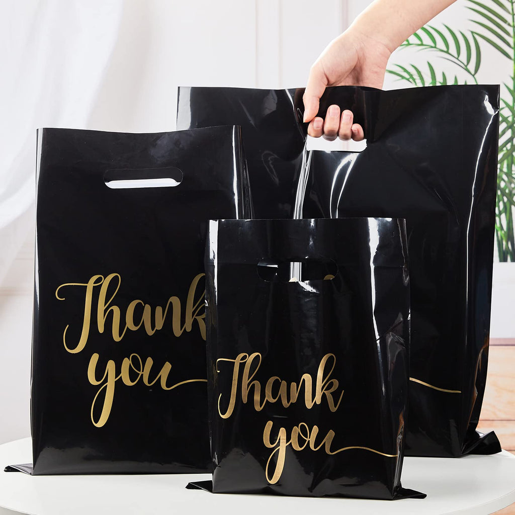 Jutieuo 100 Pack Black Thank You Shopping Bags for Small Business - 12"x15" Extra Thick 2.36 Mil Plastic Retail Thank You Bags with Handles for Stores, Boutique, Clothes, Business Gift
