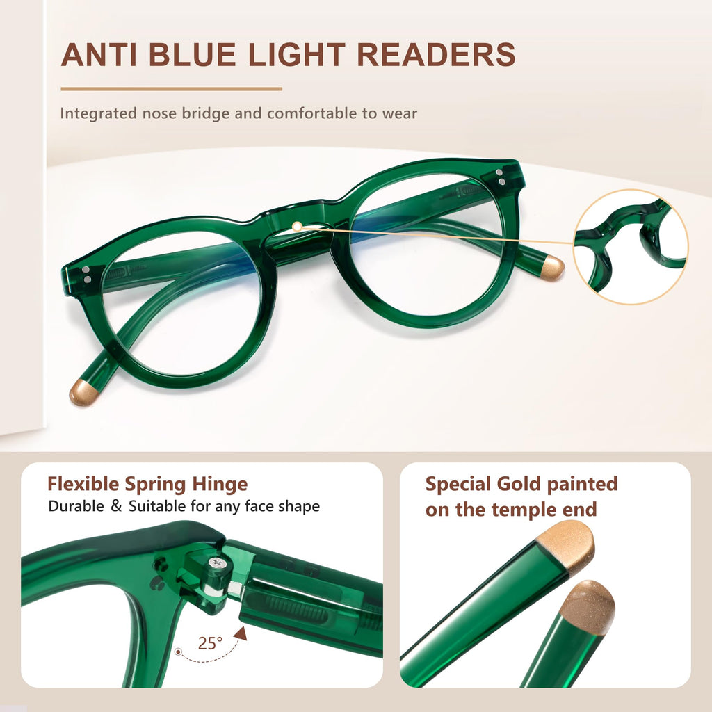 EASY READ Retro Round Blue Light Blocking Reading Glasses for Women,Anti UV Readers for Women with Spring Hinge(Green,+2.00)