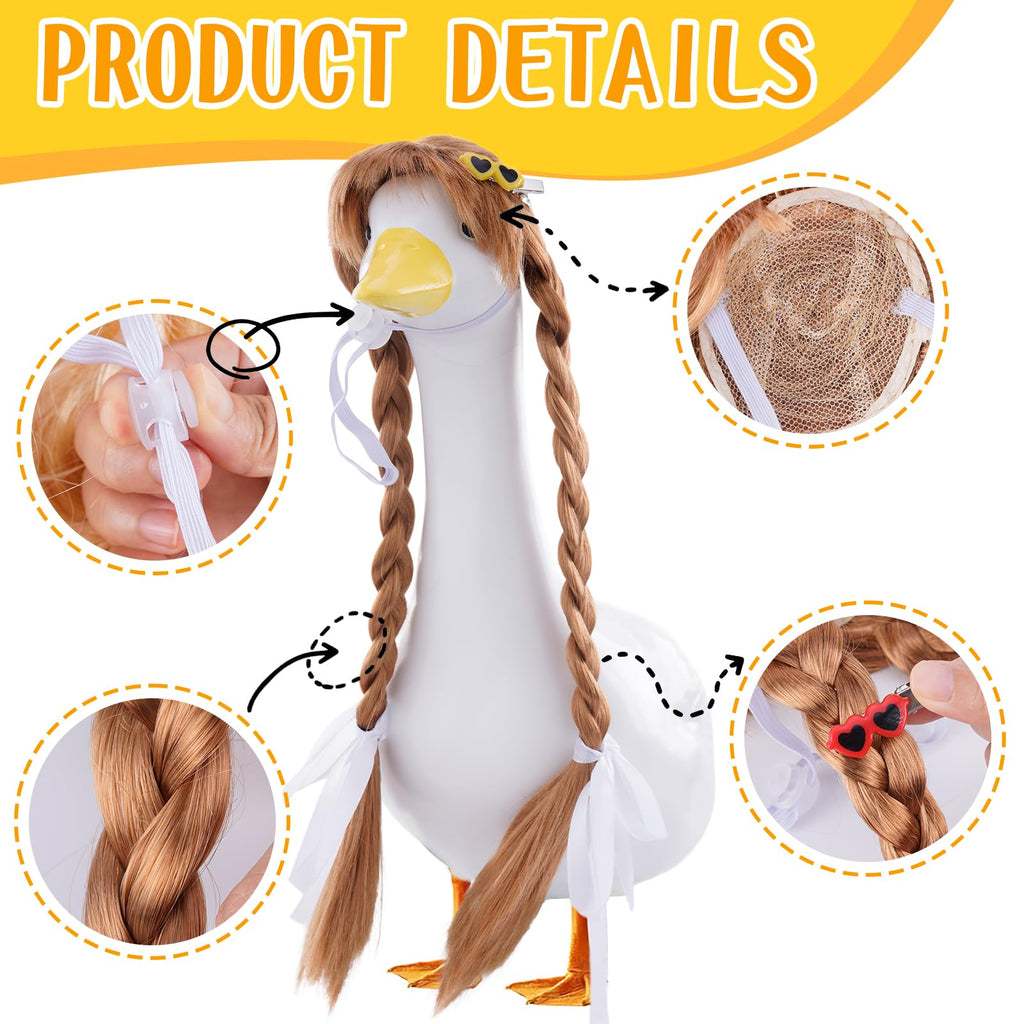 TAKEALOOKO 3 Pcs Porch Goose Wigs with Hair Clips - Cute Goose Outfits Braid Wig Accessories Garden Geese Statue for Funny Lawn Outdoor Patio Yard Goosey Decoration