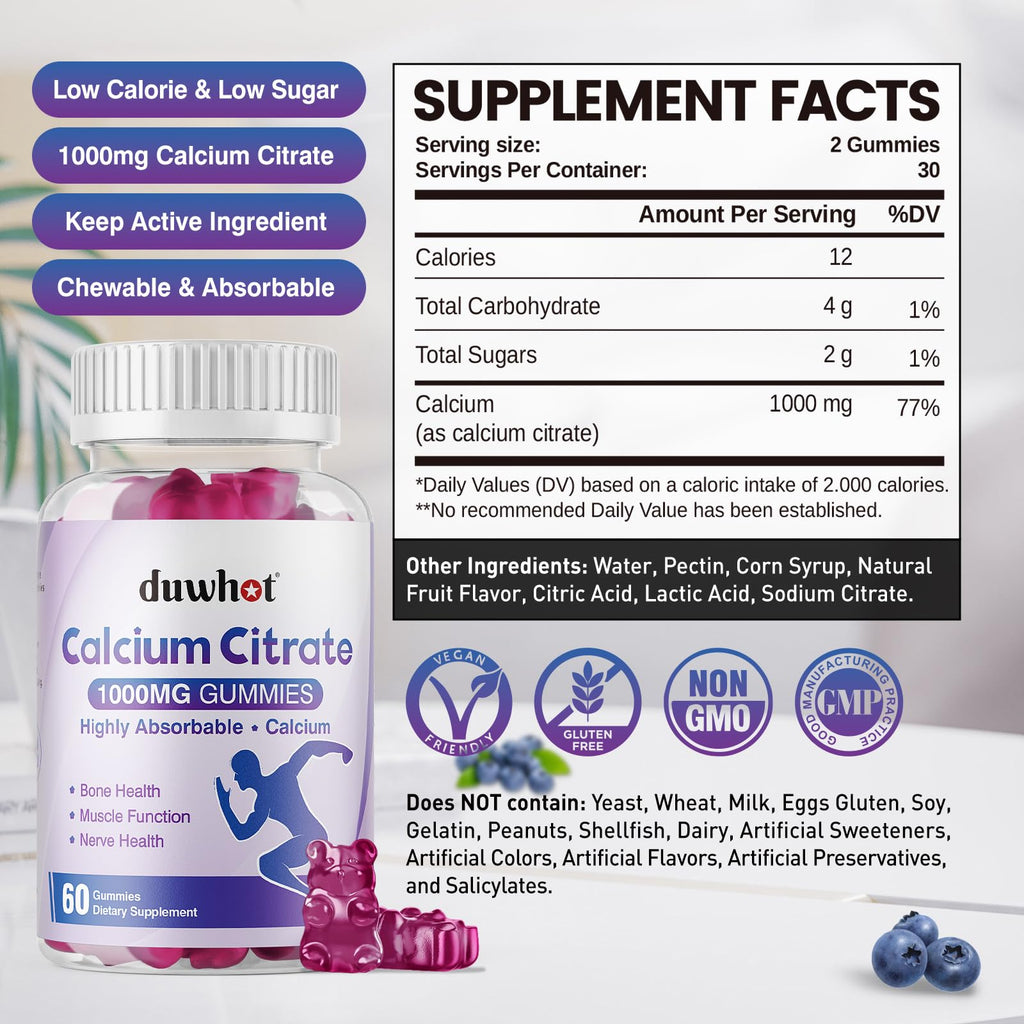 Calcium Citrate Gummies, Chewable Calcium Citrate 1000mg for Bone, Muscle & Immune Support, Ultimate Absorption Calcium Supplements for Women & Men, Blueberry, 60 Chews