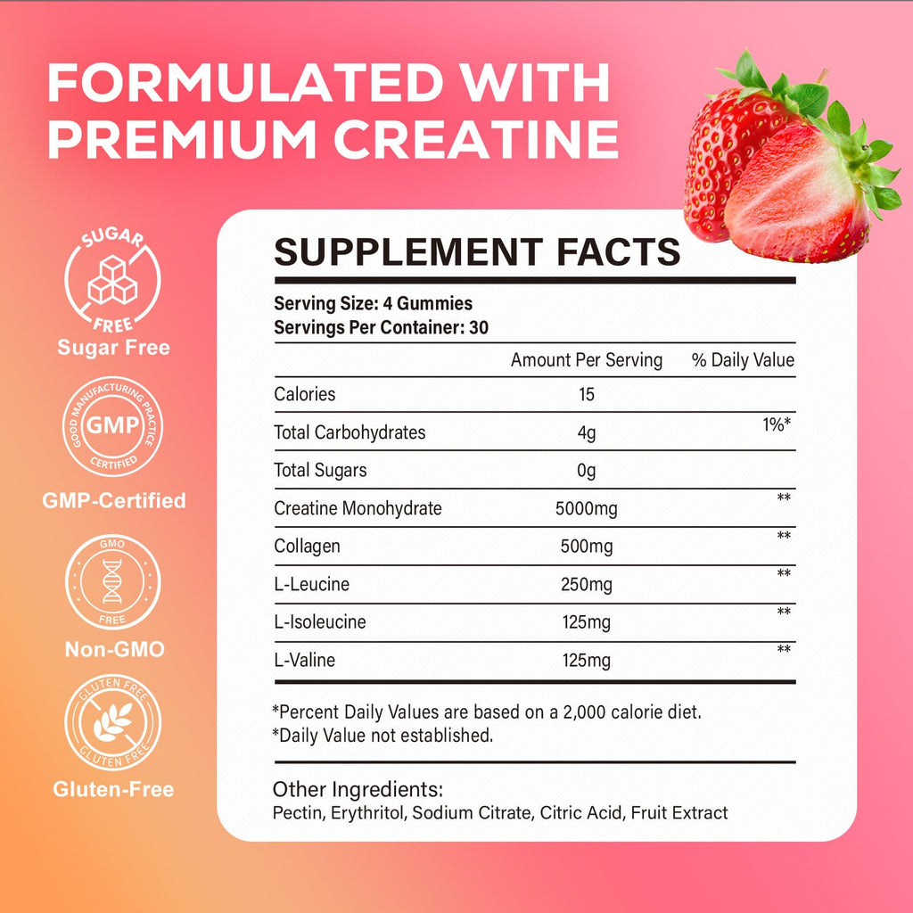 eterlower Creatine Monohydrate Gummies, 5g Creatine Gummies for Women & Men.Pre-Workout & Muscle Growth Support, Contains BCAA, Collagen, Sugar-Free, 120 Count