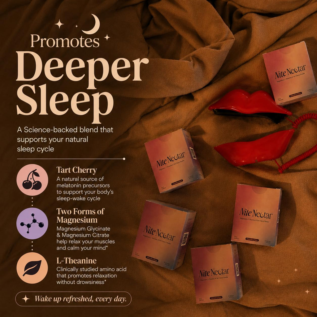 Nite Nectar Magnesium Glycinate Powder Sleep Promoting Supplement – Sleepy Mocktail Drink Mix Packets with Tart Cherry & L-Theanine for Calm Relaxing – Sugar & Melatonin Free, Lab-Tested - 25 Count