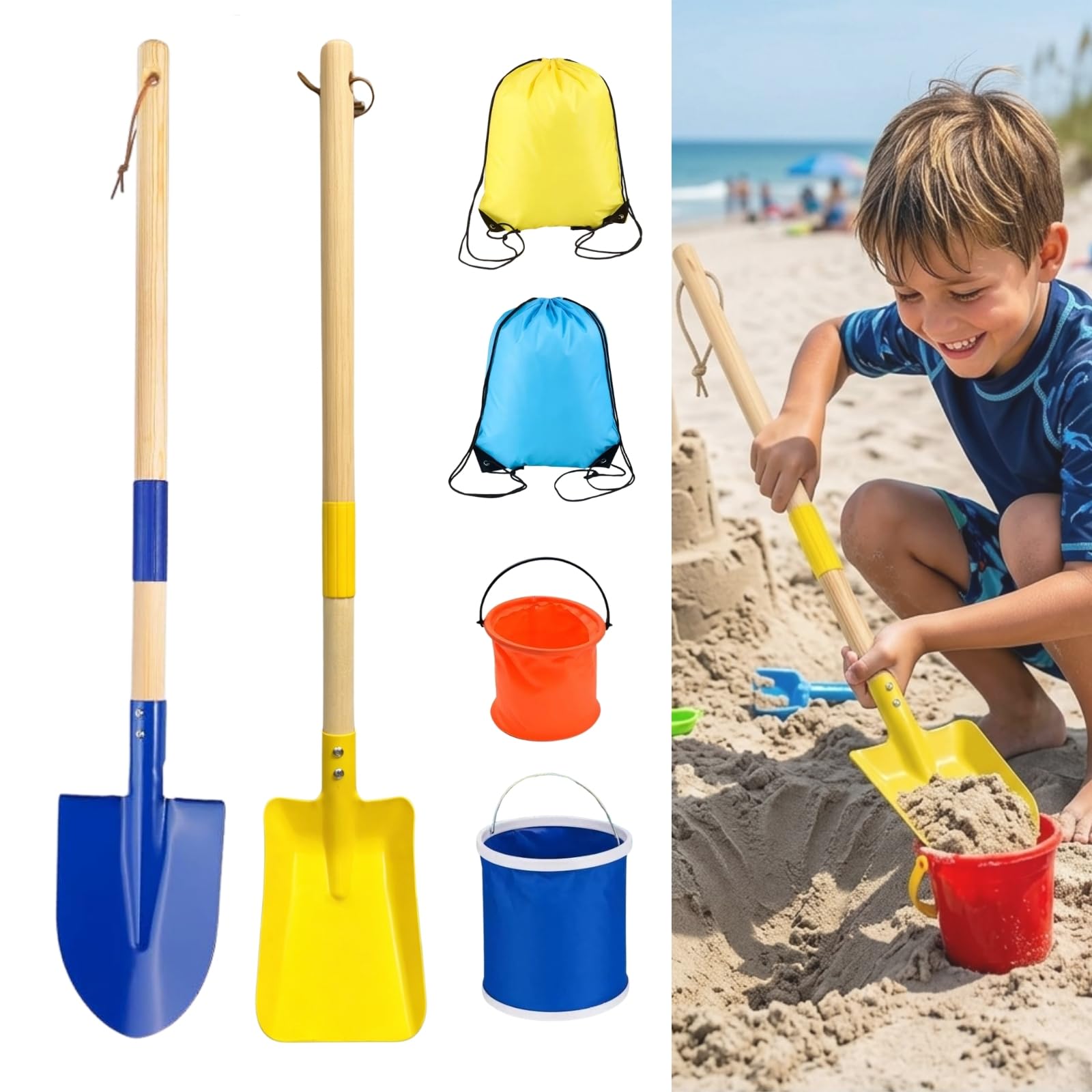 6 Pack Detachable Beach Shovel Set,28in Wood Handle Metal Spade Shovels with 2 Water Buckets & Storage Bags for Kids Digging Sand Snow,Gardening Tools (Blue&Yellow