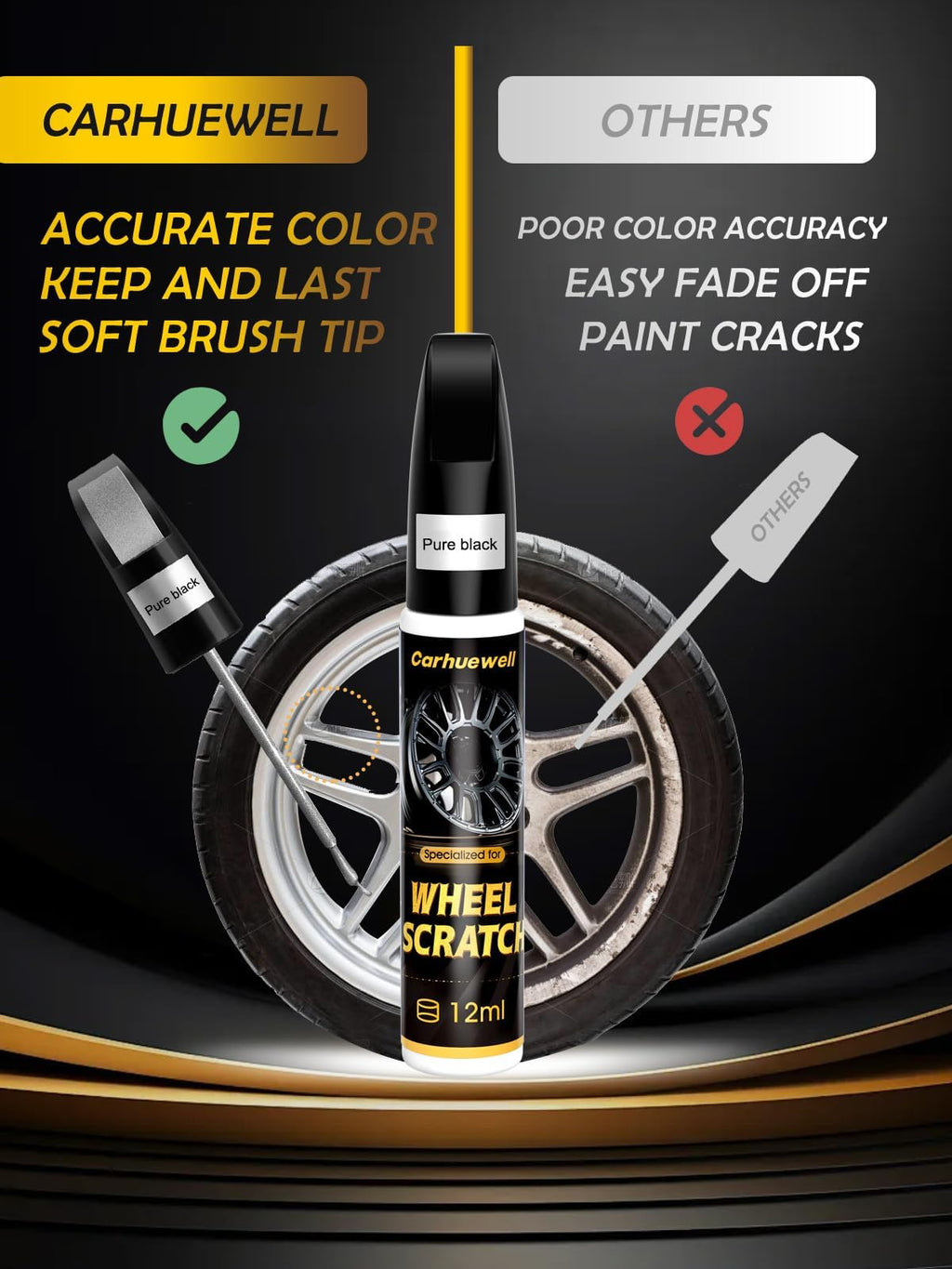 Black Rim Touch Up Paint Compatible with Lexus, Wheel Scratch Repair Paint Pen Curb Rash Scuff Fix Exact Match Accurate Color Easy to Use
