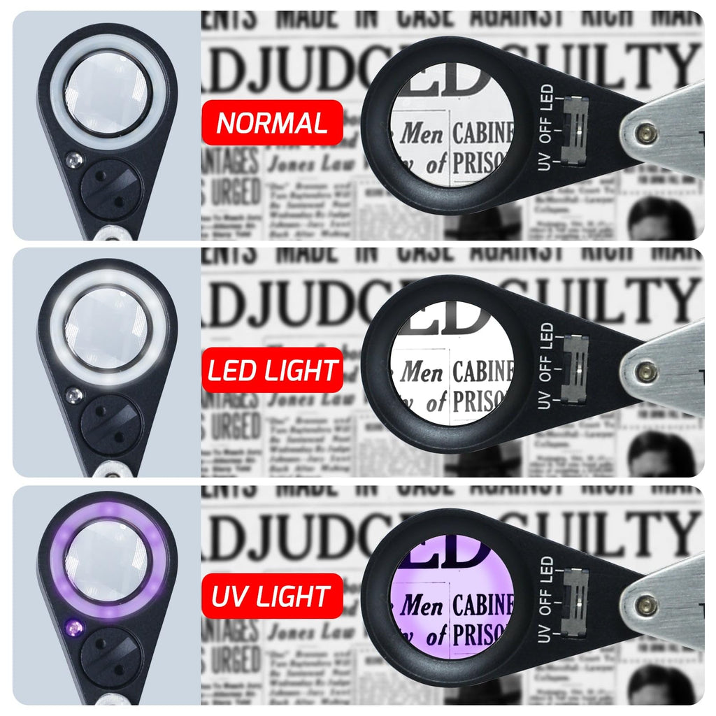 Gain Express Jewelers Loupe Magnifier, Jewelry Loop Magnifier with Light, Hastings Triplet Loupe 10X for Coin, Gem, Stamp, Diamond etc (White LED & UV Light)