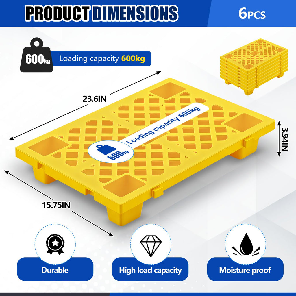 Singhoow 4 Pcs Plastic Pallets for Basement Storage Nestable Moisture Waterproof Lightweight Floor Pallets with Breathable Grid for Indoor Outdoor Supermarket Warehouse (23.6 x 15.8 x 3.9 Inch,Yellow)