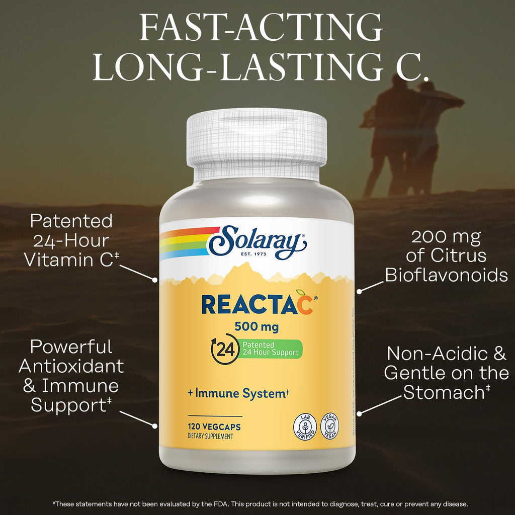 SOLARAY Reacta-C with 500mg Vitamin C, 200mg Bioflavonoid Concentrate, Immune System Defense Vitamins, Patented 24 Hour Immunity Booster Support Supplement, Vegan, 120 Capsules, 120 Servings.