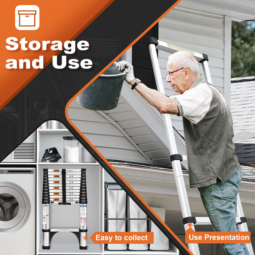 Soctone Telescoping Ladder, 12.5 FT Aluminum Button Retraction Extension Ladder with 2 Triangle Stabilizers, Multi-Purpose Ladder with Slow Down Design, 330lbs Max Capacity for House Daily Life