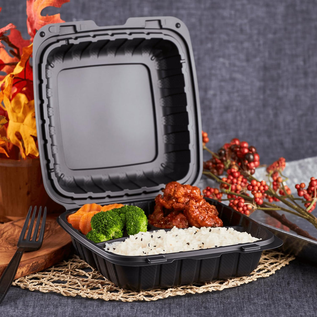 KARAT EARTH Clamshell Take Out Food Containers [8"x8" - 200 ct] To Go Containers | 3 Compartment, Soak-Resistant, Durable, Stackable | Vented for Hot/Cold Foods, Black