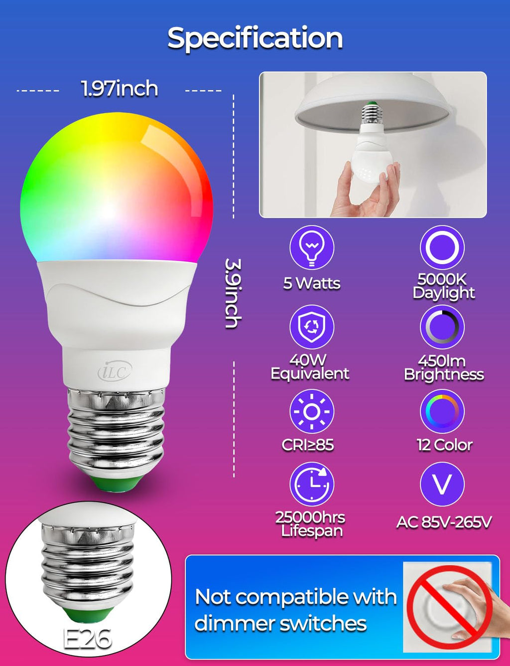 ILC RGB LED Light Bulb, A15 Color Changing 40W Equivalent, 5700K Daylight White, 450LM 5W E26 Screw Base RGBW, Mood Light Bulb - 12 Color Choices - Timing Infrared Remote Control Included (4 Pack)
