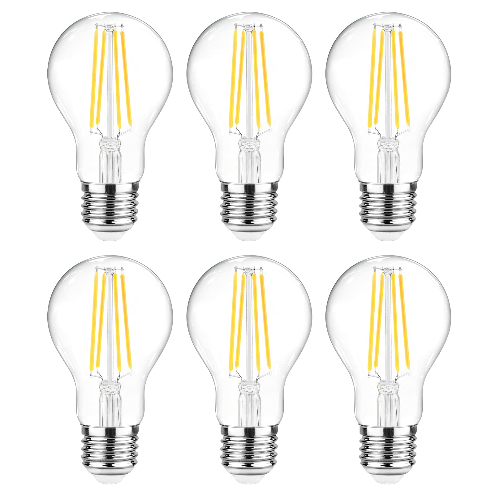 Ascher 60 Watt Equivalent, E26 LED Filament Light Bulbs, Daylight White 4000K, Non-Dimmable, Classic Clear Glass, A19 LED Light Bulb with 80 CRI, Pack of 6