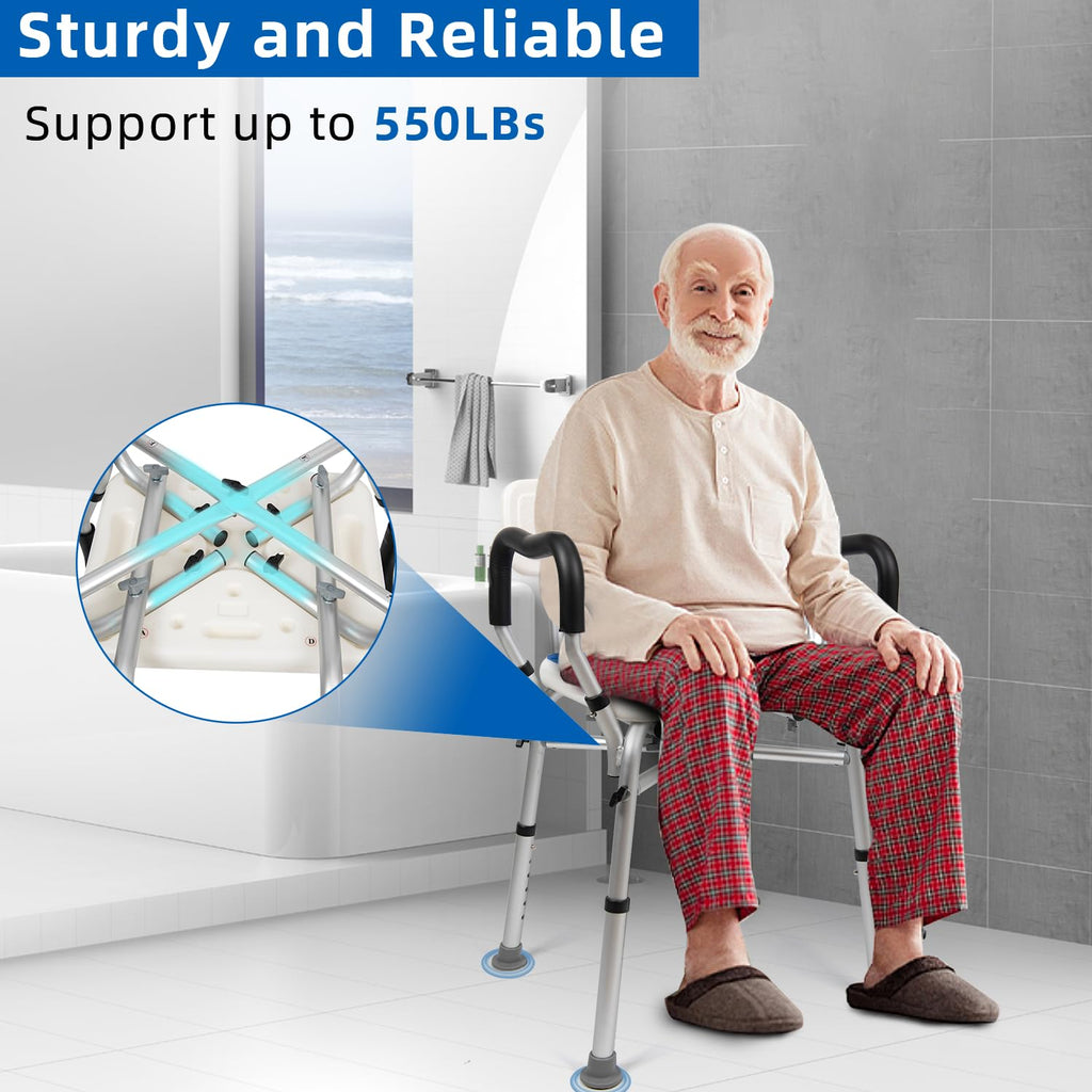 Shower Chair for Inside Shower 500lbs - Bariatric Shower Seat with Arms & Back, 6 Height Adjustment & Reinforced Crossbars for Elderly/Disabled Adults, Blue