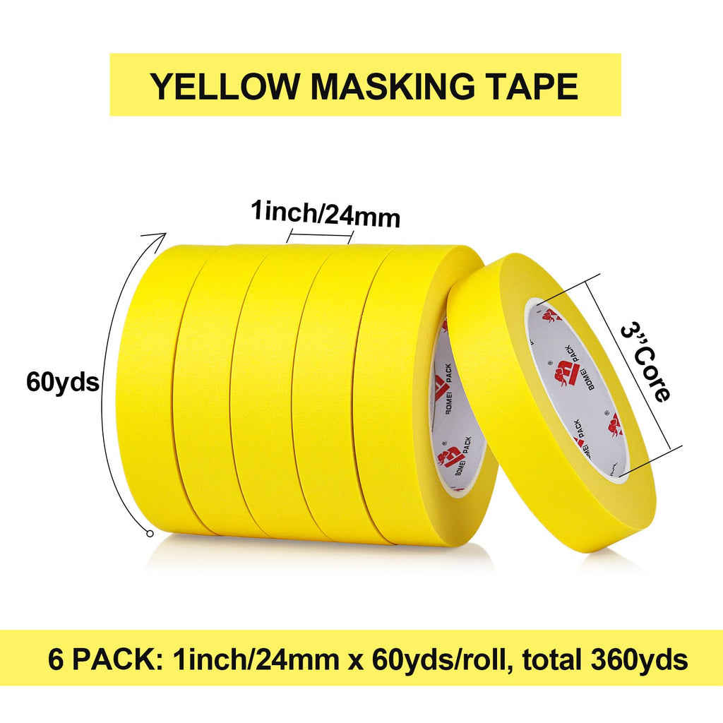 BOMEI PACK Yellow Painters Tape 1 Inch Bulk - Paint Tape 6 Rolls x 1 Inch x 60 Yards - Painter's Tape Yellow Masking Tape for Walls Painting, DIY Crafting, and School Projects, Total 360 Yards