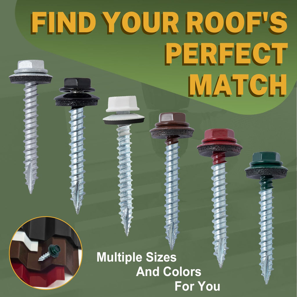 LIONMAX 300-PCS Metal Roofing Screws #10 × 1 Inch, Rustproof Coating Hex Head Sheet Metal to Wood Siding Screw with Rubber Washer, Sharp Point, Hex Socket Included