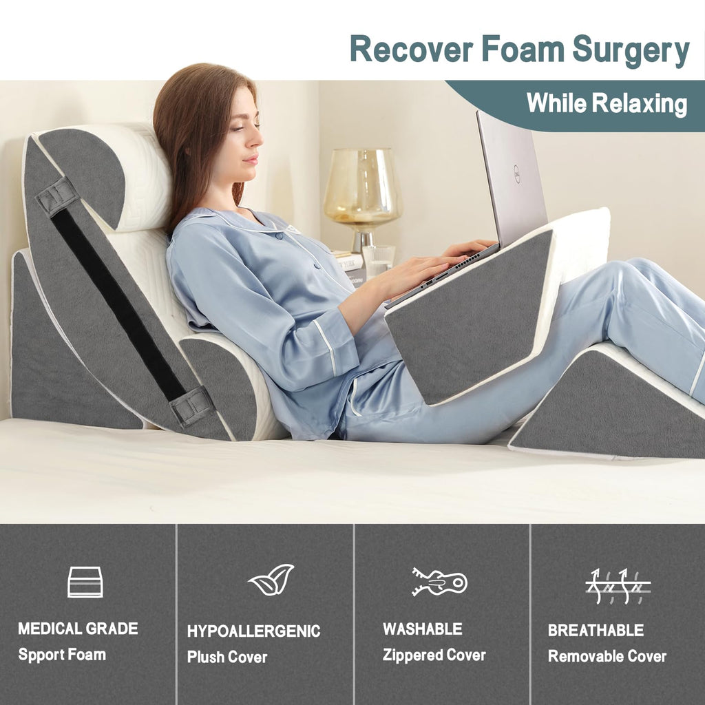 Yojoker 6pcs Orthopedic Bed Wedge Pillow Set for Sleeping, Post Surgery Foam for Body, Back and Leg Pain Relief Comfortable & Adjustable Support Pillows-Anti Snoring, Heartburn