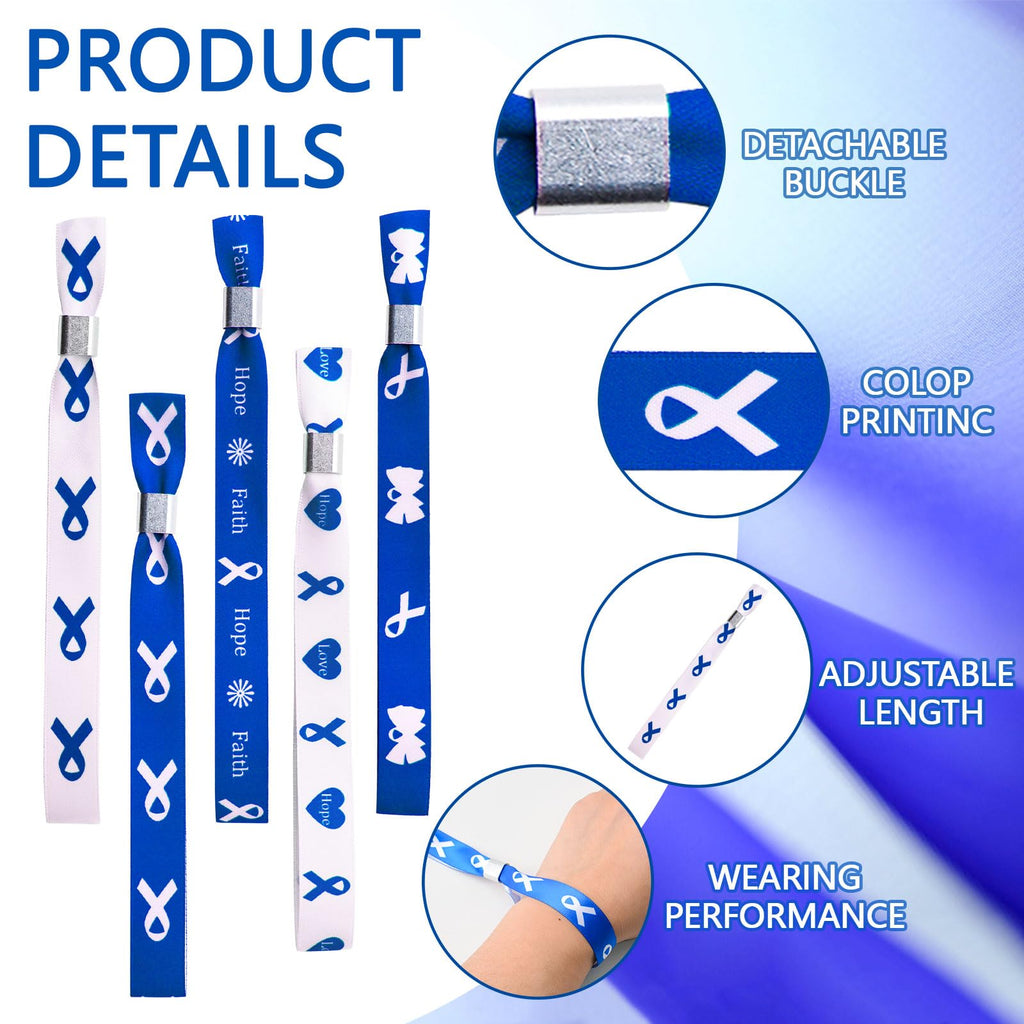 WANDIC Blue Ribbon Bracelets, 30 Pcs 5 Styles Colon Cancer Awareness Wristbands Adjustable Polyester Wrist Bands Wrist Strap for Public Event, 6.89 * 0.59in, Polyester, no Gemstone