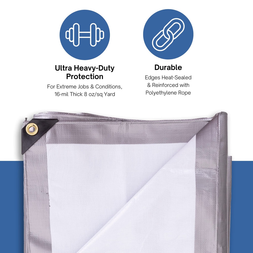 Kotap 12 x 20 Ft. Ultra Heavy-Duty Protection/Coverage Tarp, Superior Weave for Greater Longevity, 16-mil, Reversible, Multi-Use, Waterproof, Silver-White, 1-Pack (TUH-1220)