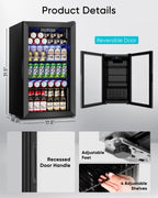 Feelfunn 3.2 Cu.Ft Mini Fridge with Glass Door - 126 Can Beverage Refrigerator Cooler for Drink Beer Wine Soda, Small Fridge for Bedroom Office Bar Dorm, 4 Adjustable Shelves, Black