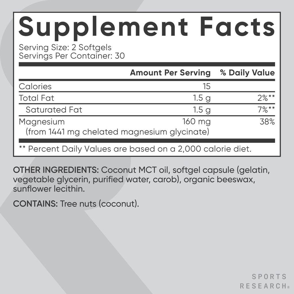 Sports Research® Magnesium Glycinate - Supports Restful Sleep & Enzymatic Processes - 160 mg Chelated Magnesium - Vegan Capsule - 180 Count