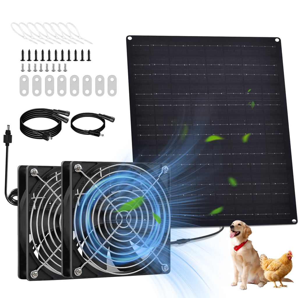 HASDSAGY Solar Powered Fan, 15W Solar Chicken Coop Fan,Waterproof Ventilation Exhaust Fan for Outdoor Shed Chicken Coops Greenhouse Doghouses Pet House for Intake or Exhaust Air Cooling