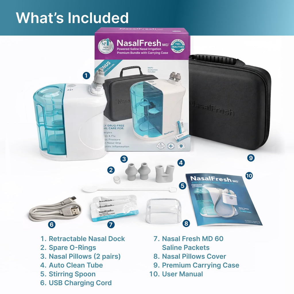 NASALFRESH MD Premium Bundle–Dual Powered Nasal Irrigation System Nasal Rinse and Wash, Sinus Decongestant Relief System, 60 Saline Packets, Case, Rechargeable, 2 Sets of Nose Pillows–Snoring Remedy