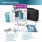 NASALFRESH MD Premium Bundle–Dual Powered Nasal Irrigation System Nasal Rinse and Wash, Sinus Decongestant Relief System, 60 Saline Packets, Case, Rechargeable, 2 Sets of Nose Pillows–Snoring Remedy