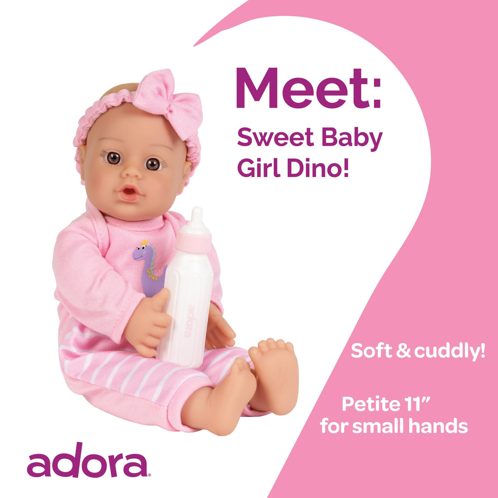 Adora Sweet Baby - 11” Soft & Cuddly Baby Doll, Realistic Features, Gentle Scent, Machine Washable, Lightweight & Easy to Hold | Adorable Playmate (Girl Dino)