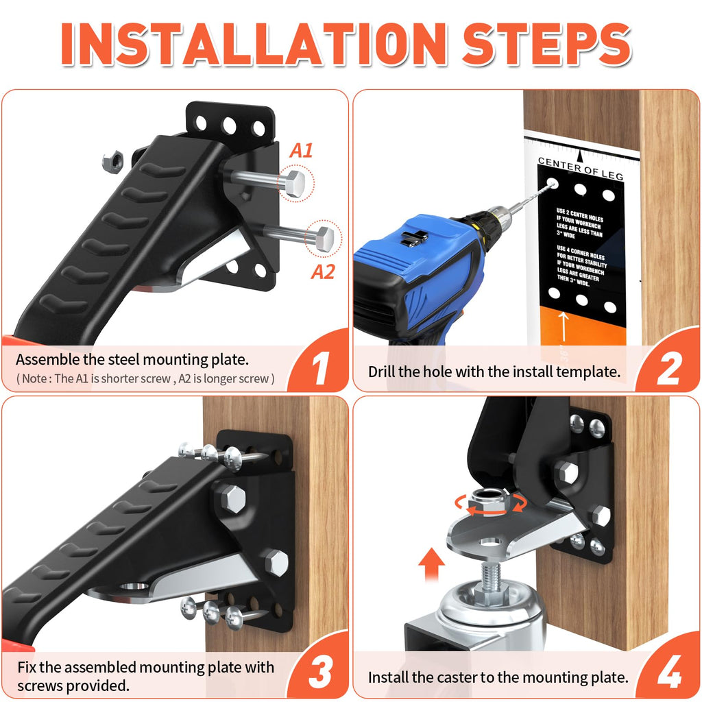 SPACEKEEPER Workbench Casters kit 920 Lbs- Retractable Casters, 4 Pack
