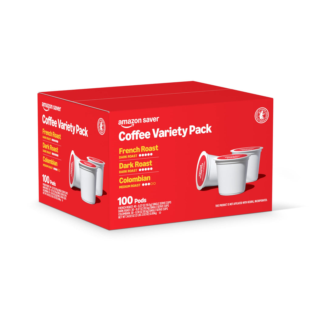 Amazon Saver, Coffee Pods, Variety Pack (French, Dark, Colombian), Compatible with Keurig 2.0 K-Cup Brewers, 100 Count
