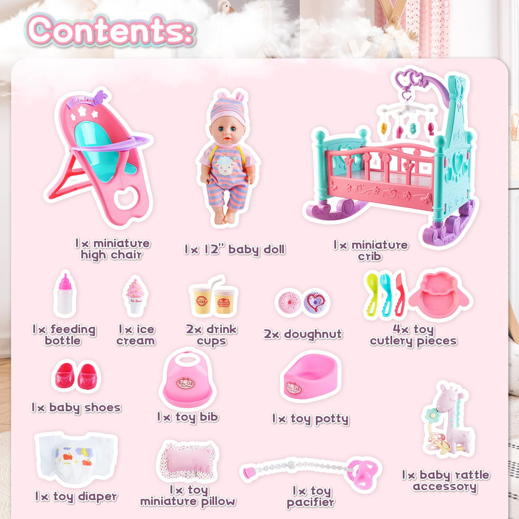 deAO 12” Baby Doll Play Set with Crib, Mobile, High Chair Feeding Accessories, Interactive Dolls for Girls Kids Pretend Play Baby Dolls 21 PCS