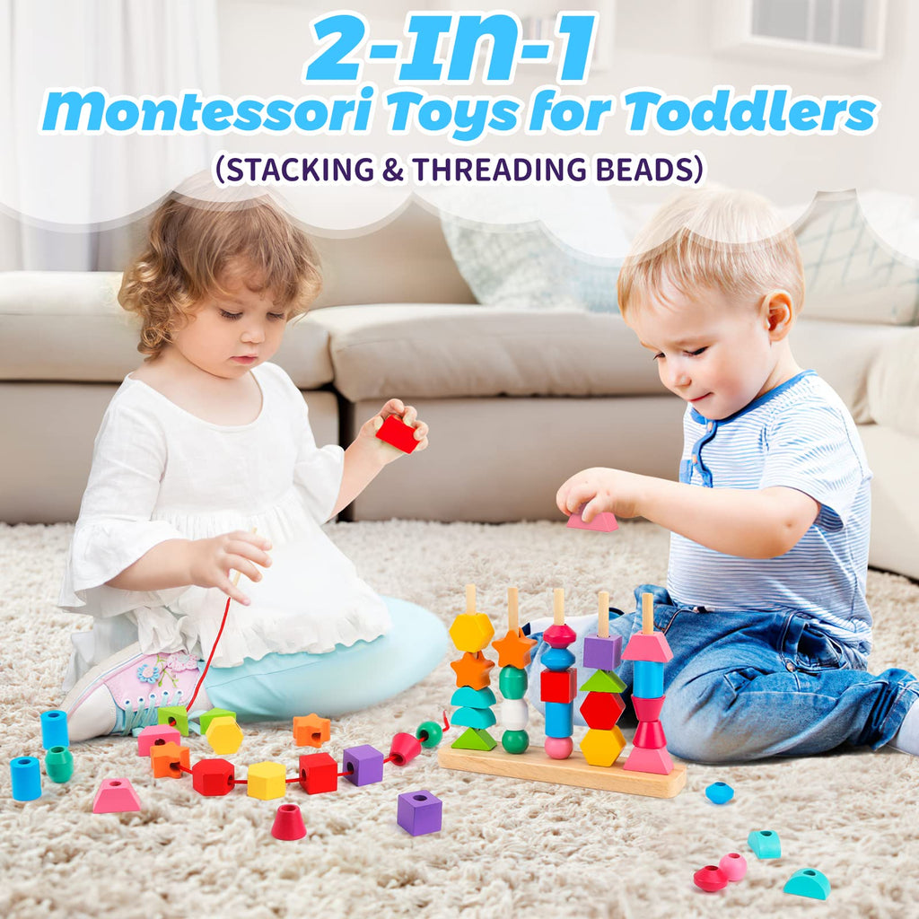 Montessori Wooden Beads Sequencing Toy Set, Stacking Blocks & Lacing Beads & Matching Shape Stacker for 2 3 4 5 Year Old STEM Preschool Learning Montessori Toys Gifts for Kids Boy Girl Toddler
