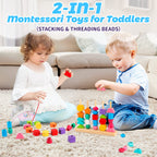 Montessori Wooden Beads Sequencing Toy Set, Stacking Blocks & Lacing Beads & Matching Shape Stacker for 2 3 4 5 Year Old STEM Preschool Learning Montessori Toys Gifts for Kids Boy Girl Toddler