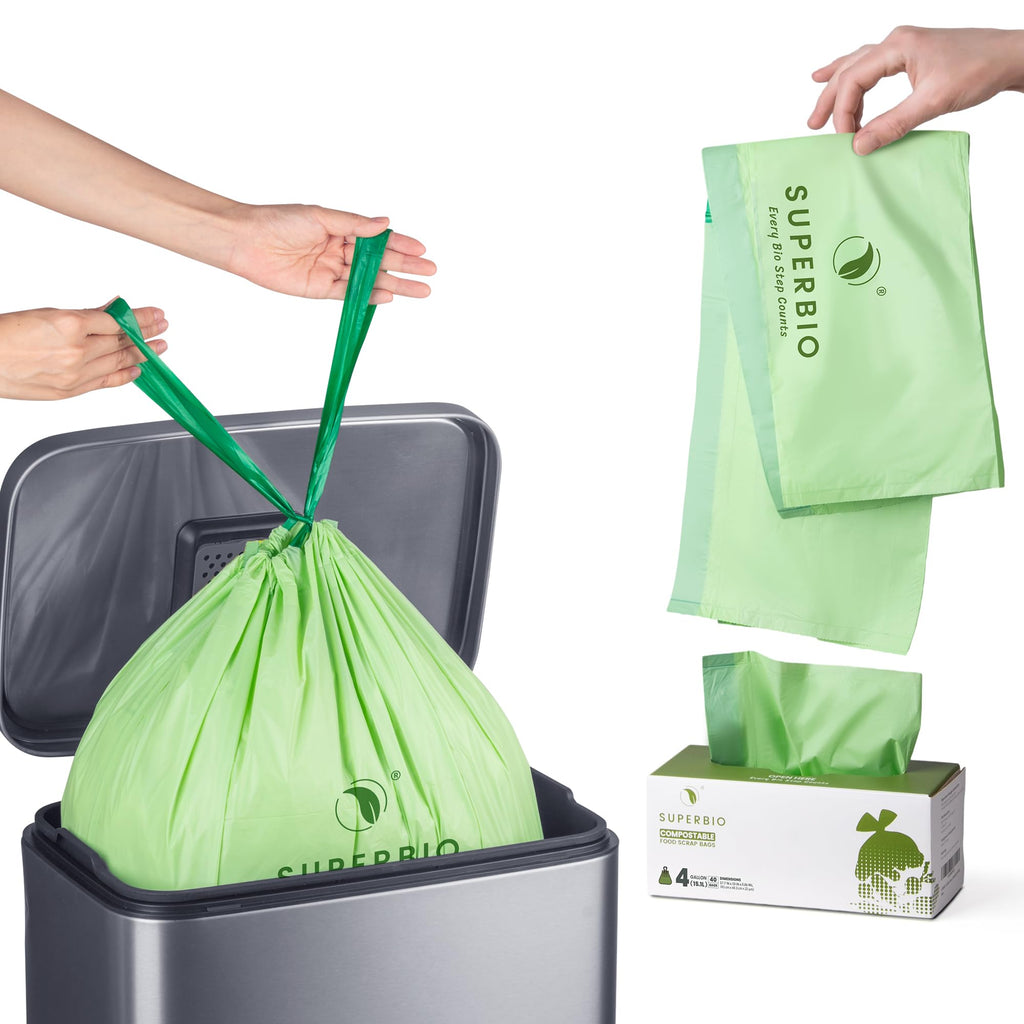 SUPERBIO 4 Gallon Compostable Drawstring Food Scrap Bags,15.1 Liter, 40 Count, 0.9 Mil,Heavy Duty Waste Bags, BPI, Seedling and OK compost INDUSTRIAL