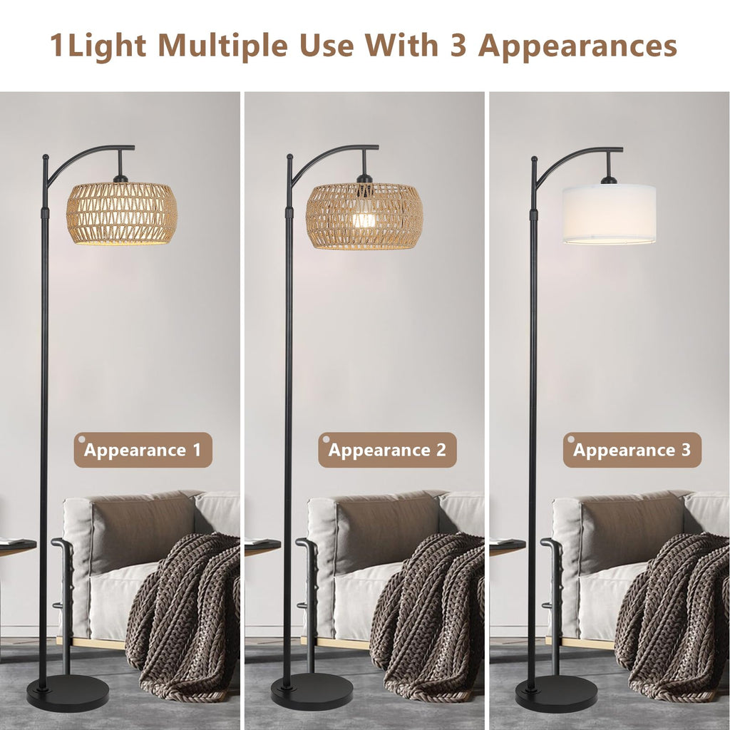 Arc Floor Lamp with Remote Control, Dimmable LED Floor Lamp with 3 Color Temperature, Black Standing Lamp with Rattan & Fabric Double Drum Shade, Boho Farmhouse Tall Pole Lamp for Living Room Bedroom