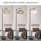 Arc Floor Lamp with Remote Control, Dimmable LED Floor Lamp with 3 Color Temperature, Black Standing Lamp with Rattan & Fabric Double Drum Shade, Boho Farmhouse Tall Pole Lamp for Living Room Bedroom