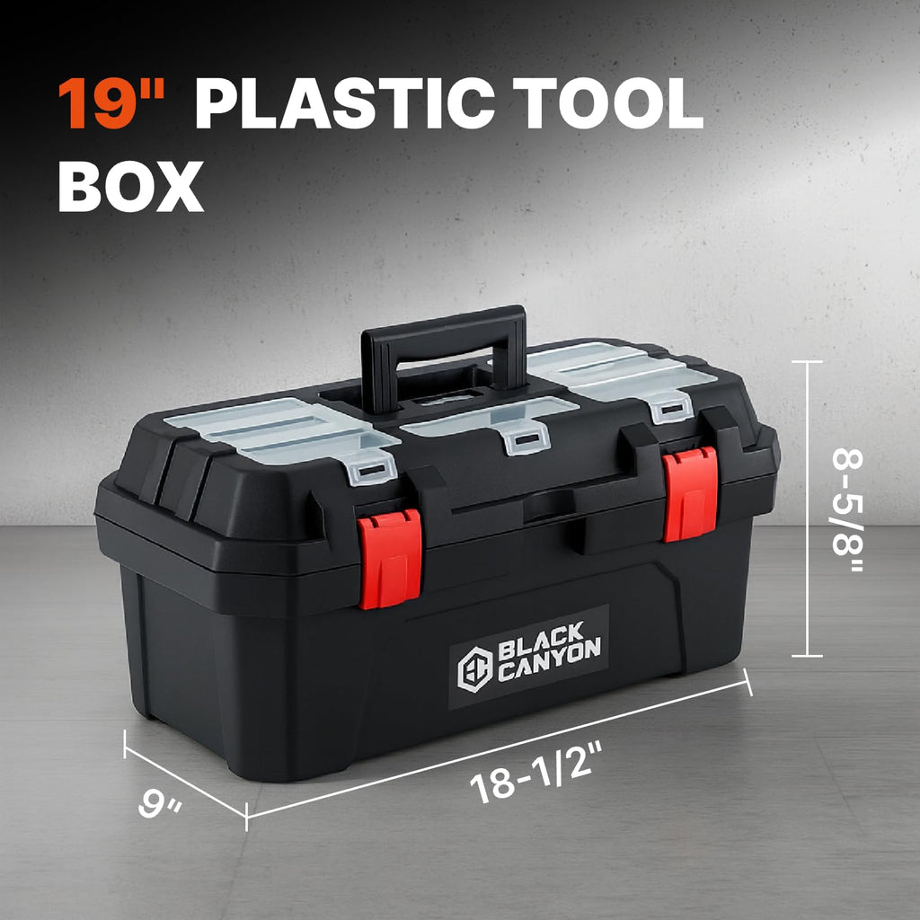 Black Canyon Tool Box - 19 Inch Plastic Dual-Layer Design, 44 lbs Load Capacity Portable Tool Box, Ergonomic Handle, Stackable & Top-Lid Storage, Perfect for DIY, Workshop & Job Site Organization